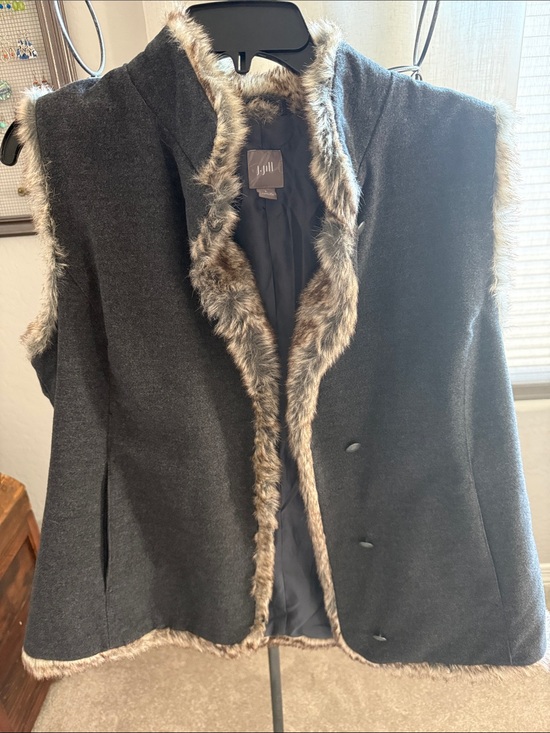 J. Jill Jackets & Blazers - J. Jill Charcoal Gray Vest with Faux Fur Trim